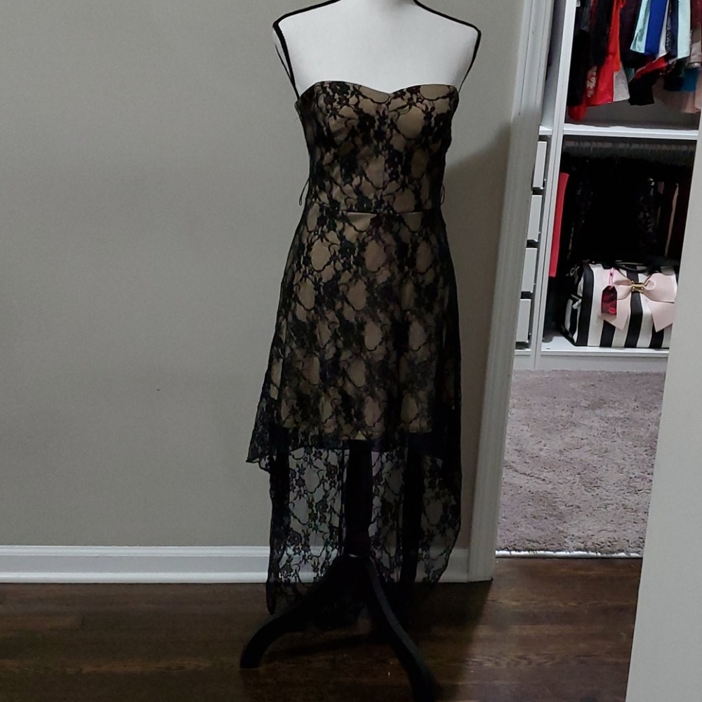 Windsor 9 nude and black lace high low dress